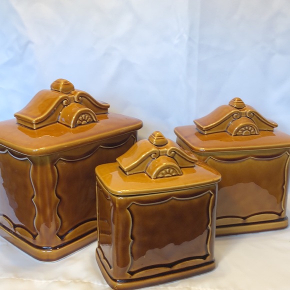 Rare VGT Beauty Ware ceramic 3 piece Canister set Farmhouse eagle wagon wheel - Picture 5 of 10